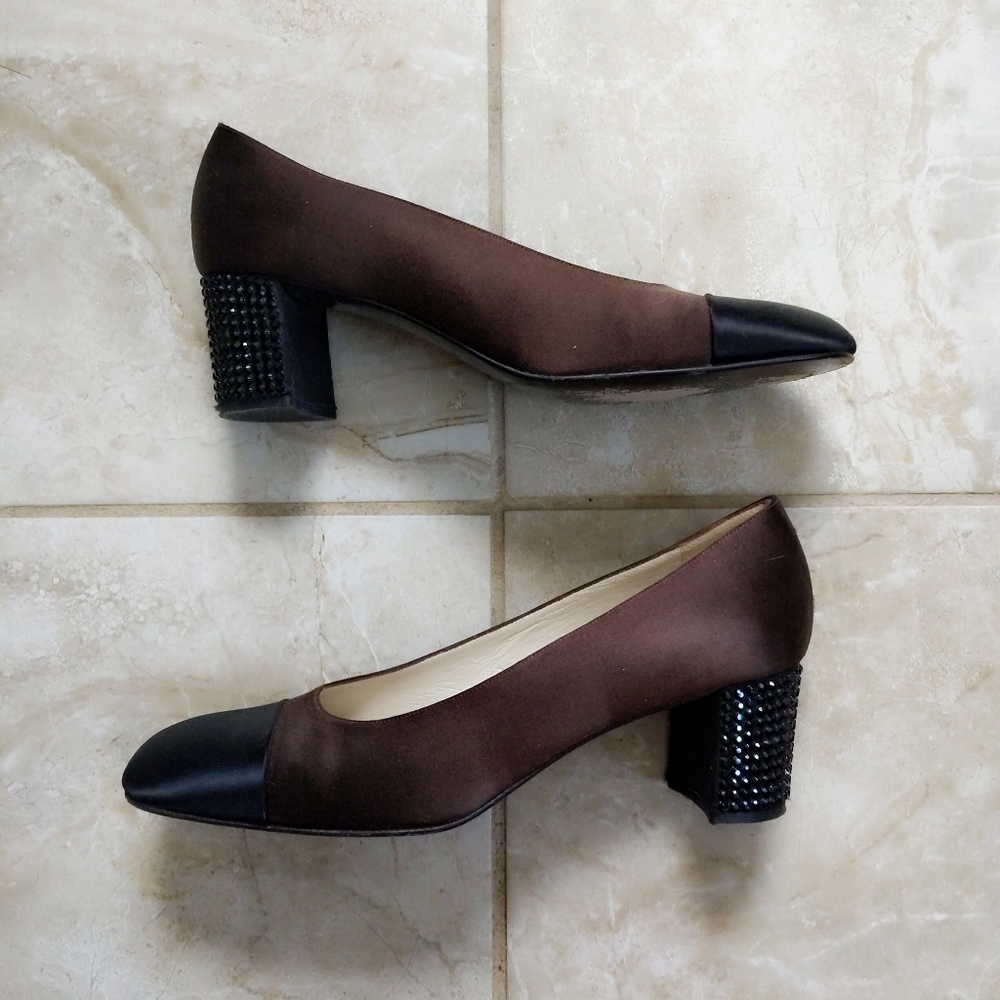 Ernesto Esposito Bicolor Brown Black Cap Toe Satin Jeweled Block Heels 38 7.5 - Picture 2 of 7